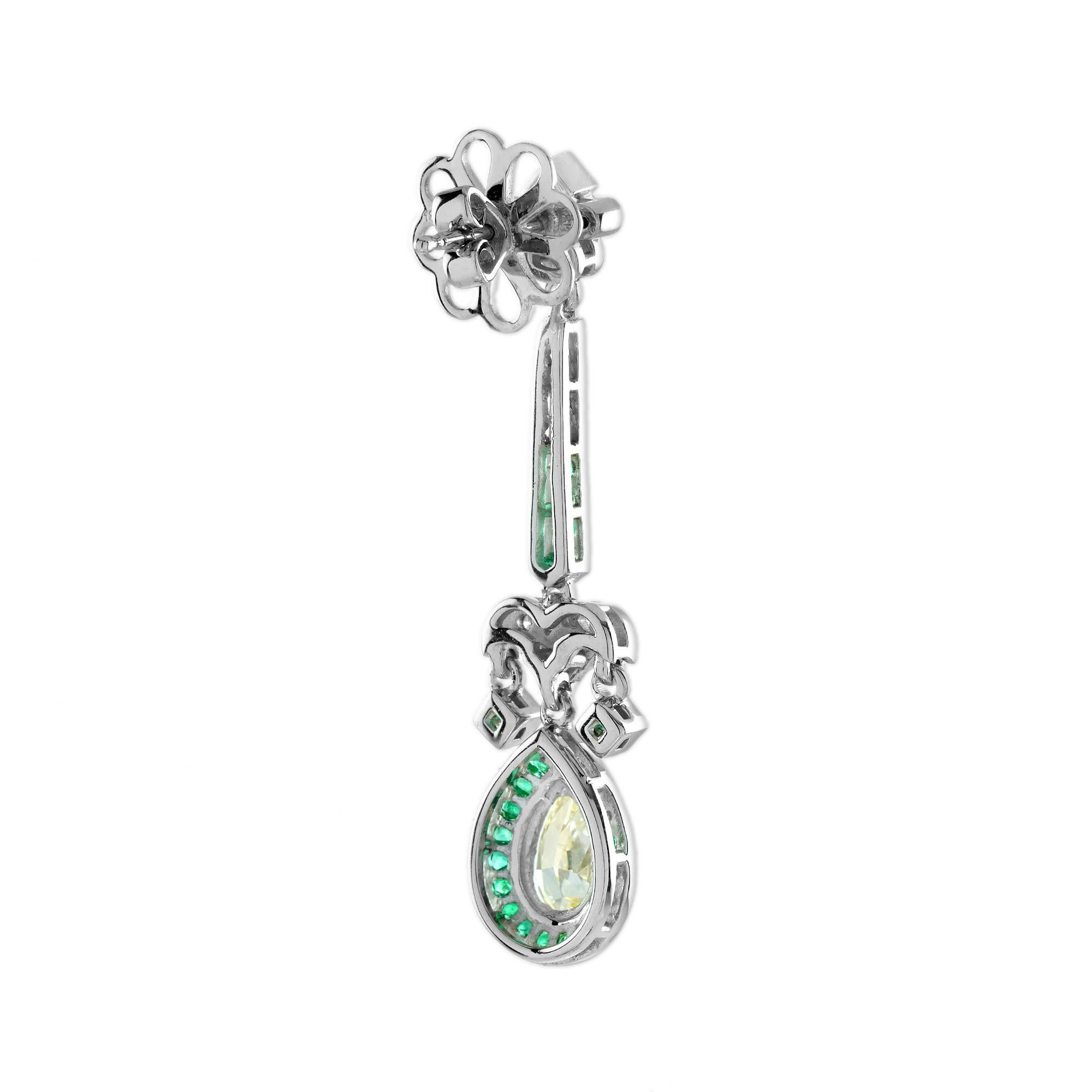 Women's GIA 2.25 Ct. Diamond and Emerald Art Deco Style Drop Earrings in 18K Gold For Sale