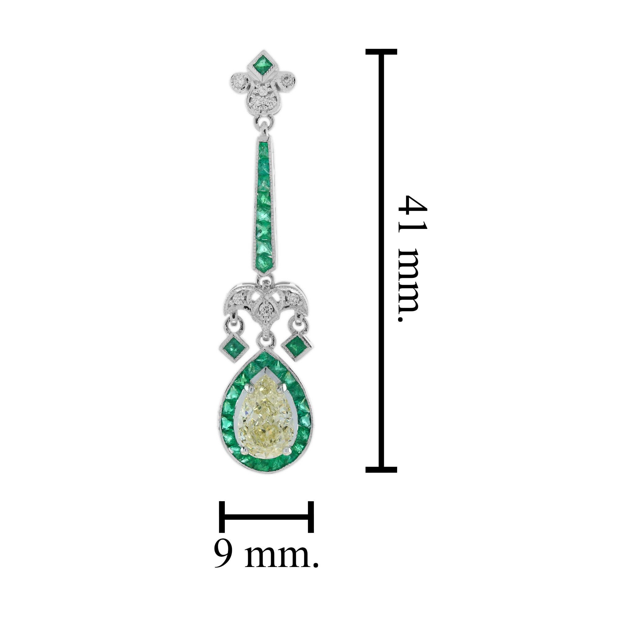 GIA 2.25 Ct. Diamond and Emerald Art Deco Style Drop Earrings in 18K Gold For Sale 1