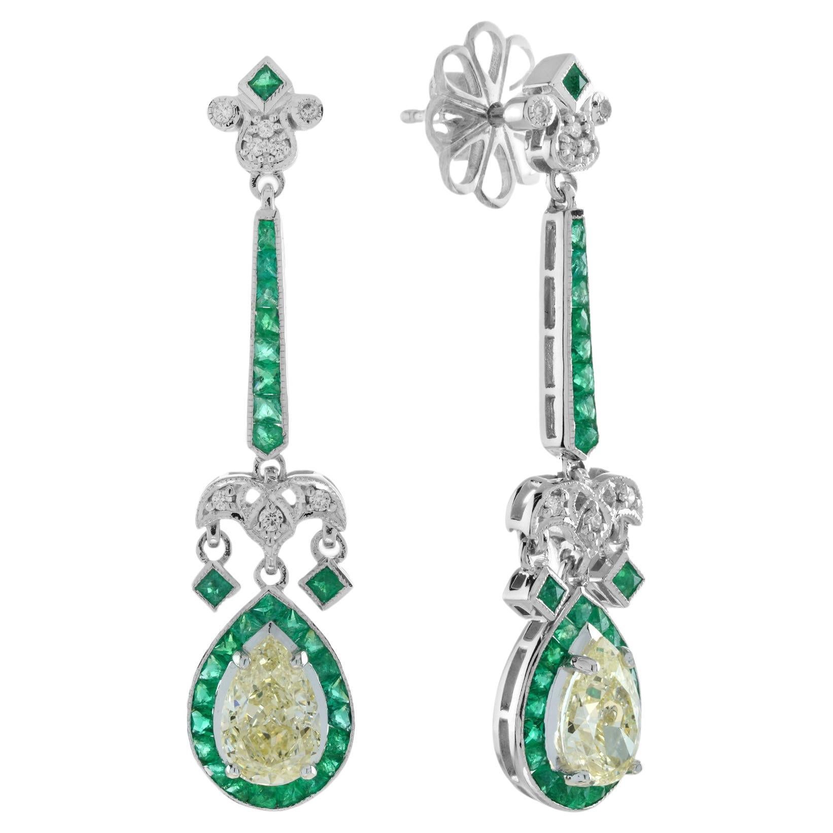 GIA 2.25 Ct. Diamond and Emerald Art Deco Style Drop Earrings in 18K Gold