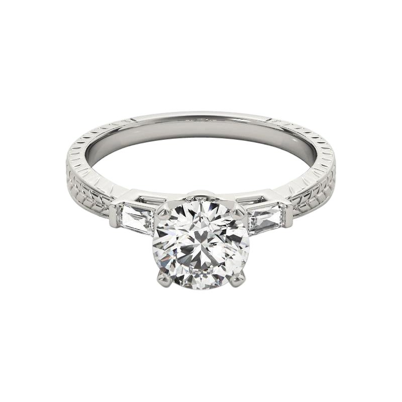 GIA 2.25ct Round Engraved Three-Stone Baguette  Bague en diamant