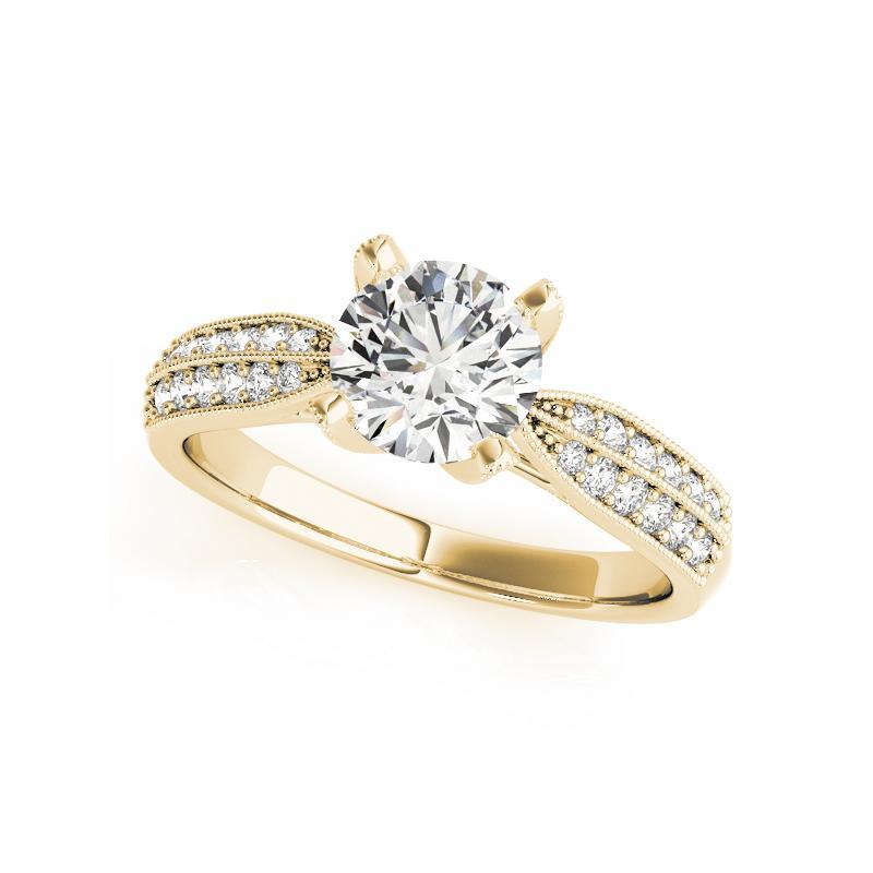 Taglio rotondo GIA 2,25ct Tulipano rotondo a quattro punte Milgrain Pave Anello con diamanti in oro giallo 18K in vendita