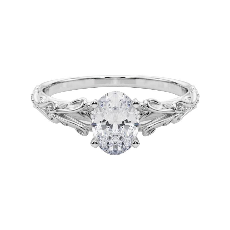 GIA 2,27ct Oval Vintage 3-Stone Heart & Vine Anello di diamanti in oro bianco 18K in vendita