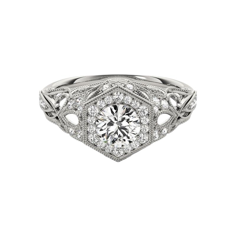 GIA 2,27ct Anello con diamante rotondo Art Deco Bezel Trellis Filigree in oro bianco
