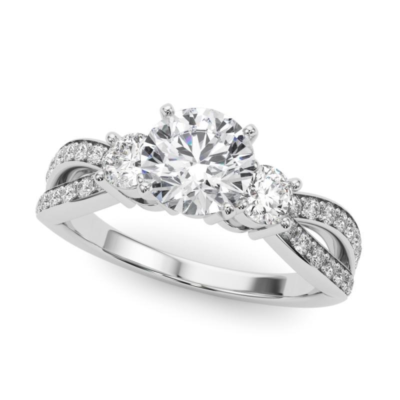 Taglio rotondo GIA 2,27ct Tre pietre rotonde con gambo diviso Pave  Anello con diamante in vendita
