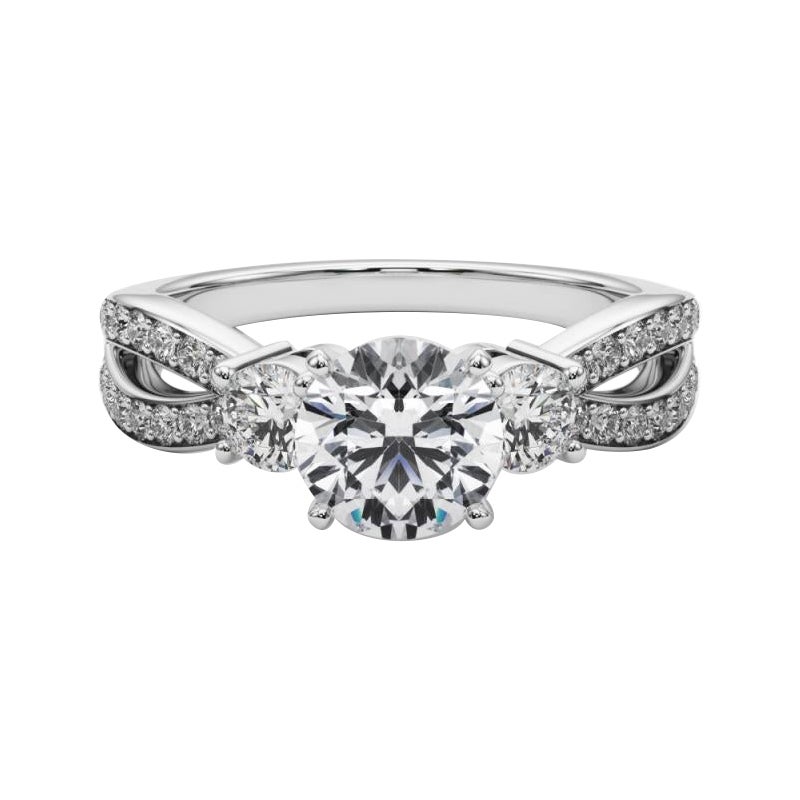 GIA 2,27ct Tre pietre rotonde con gambo diviso Pave  Anello con diamante
