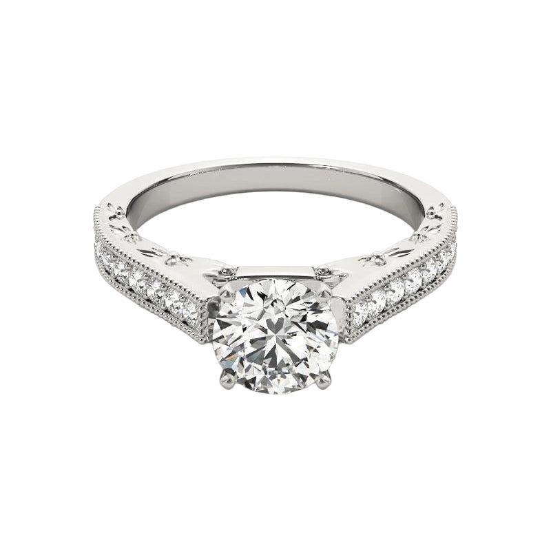 GIA 2,27ct Anello con diamante tondo vintage inciso a forma di foglia nella cattedrale