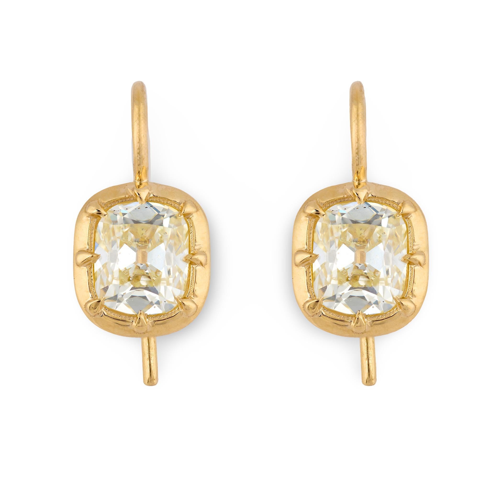 GIA 2.28 carat old mine cut diamond 18k yellow gold bezel earrings For Sale