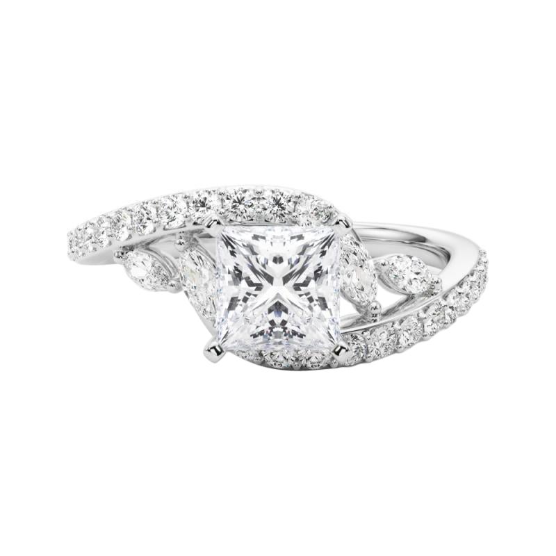 Bague en or blanc GIA 2,29 carats Princesse Curved Bypass Leaf & Vine