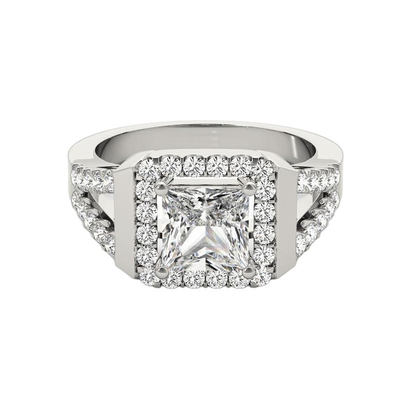 GIA 2,29ct Anello con diamante quadrato Princess Cushion Halo Cathedral in oro bianco 18K