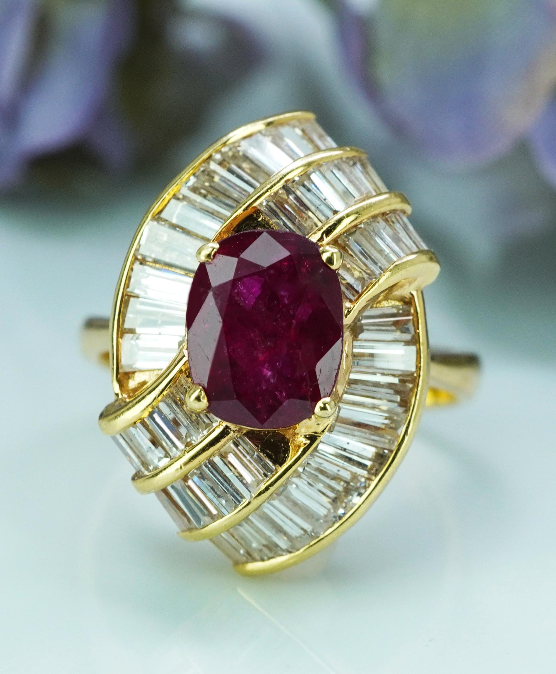  GIA 2.2ct Cushion Ruby Baguette Diamond Ballerina Cocktail Ring 18K Gold Designer Signed

This is vintage estate treasure crafted in rich 18K yellow gold. It is hallmarked by a designer (see picture). The genuine earth mined vibrant rich ruby