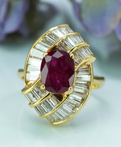 GIA 2.2c Cushion Ruby Baguette Diamond Ballerina Cocktail Ring 18K Gold Designer