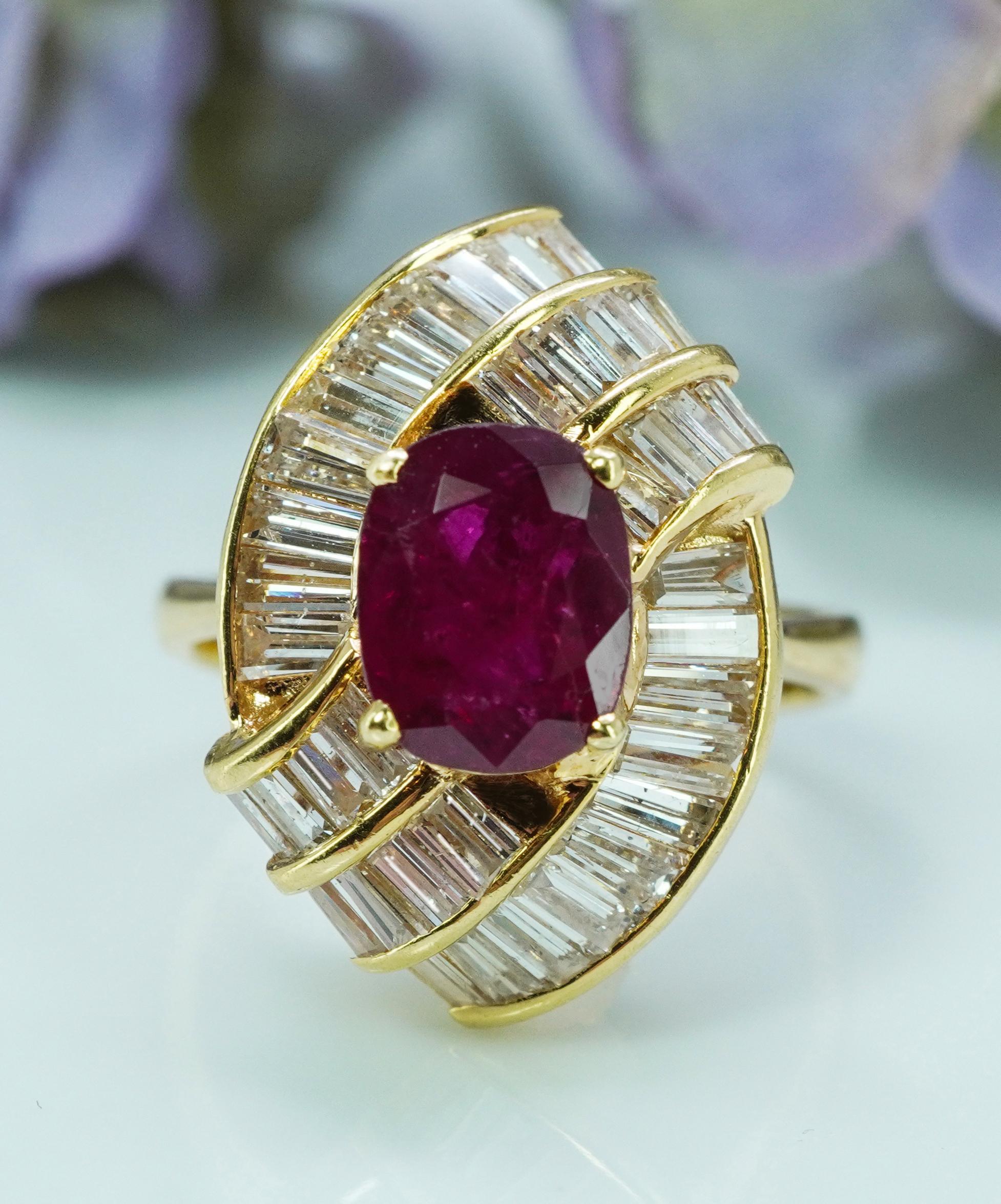 Retro GIA 2.2c Cushion Ruby Baguette Diamond Ballerina Cocktail Ring 18K Gold Designer For Sale