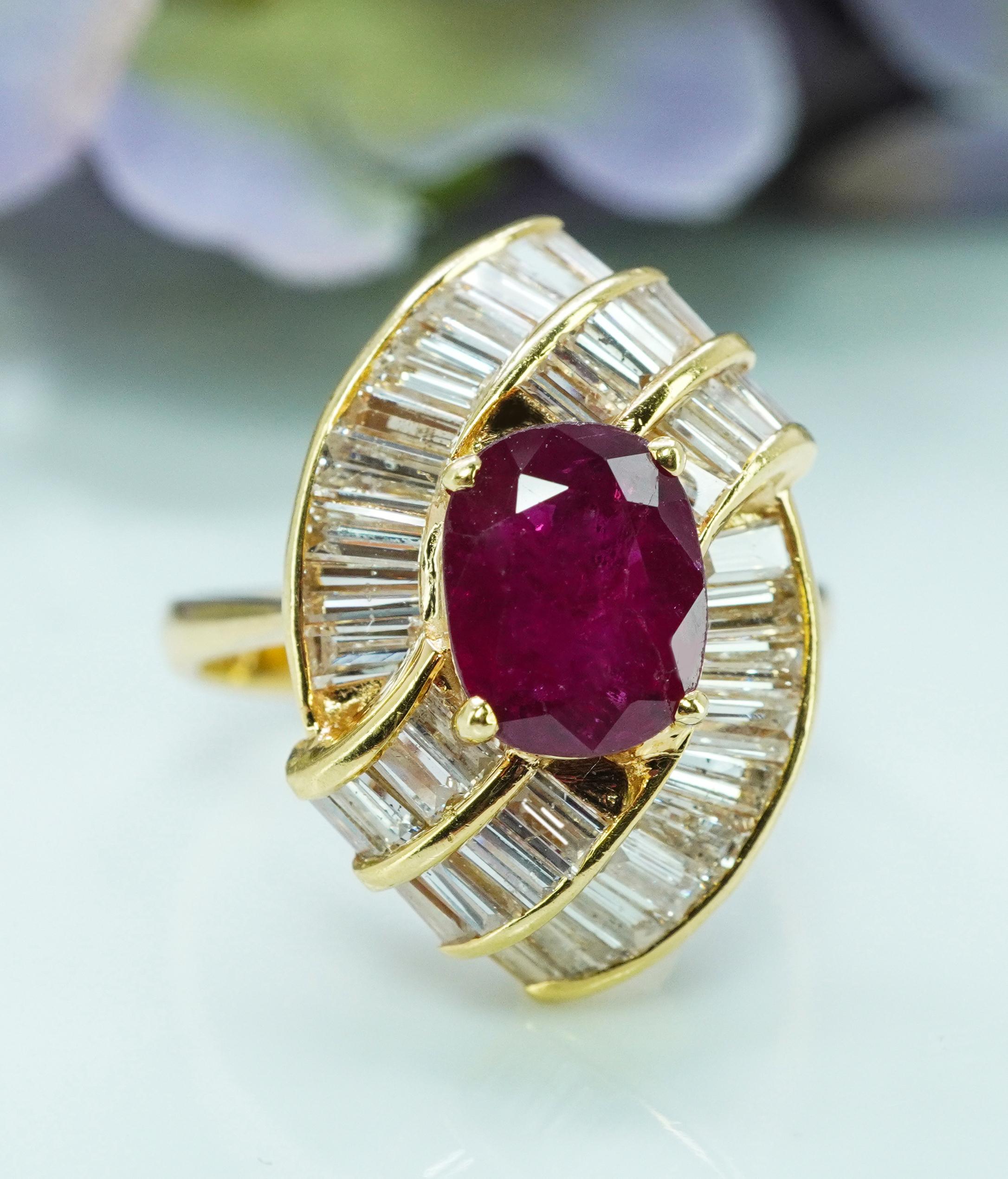 Cushion Cut GIA 2.2c Cushion Ruby Baguette Diamond Ballerina Cocktail Ring 18K Gold Designer For Sale
