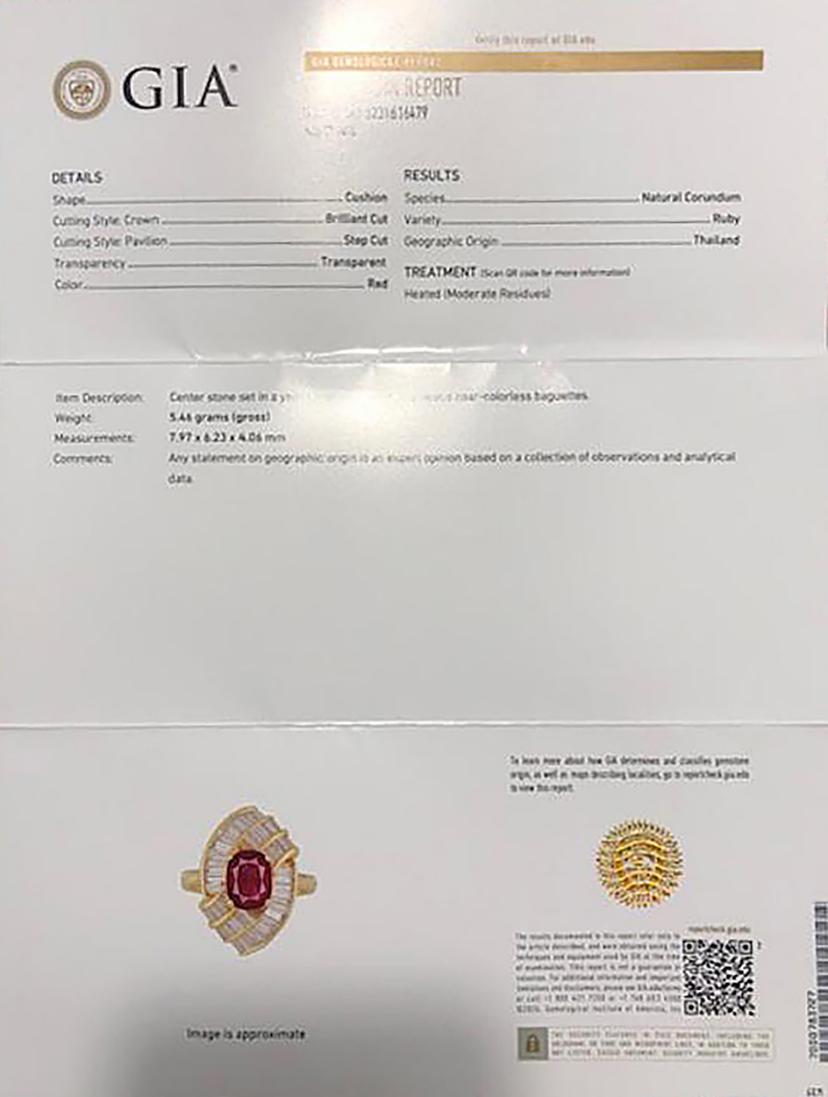 Women's GIA 2.2c Cushion Ruby Baguette Diamond Ballerina Cocktail Ring 18K Gold Designer For Sale