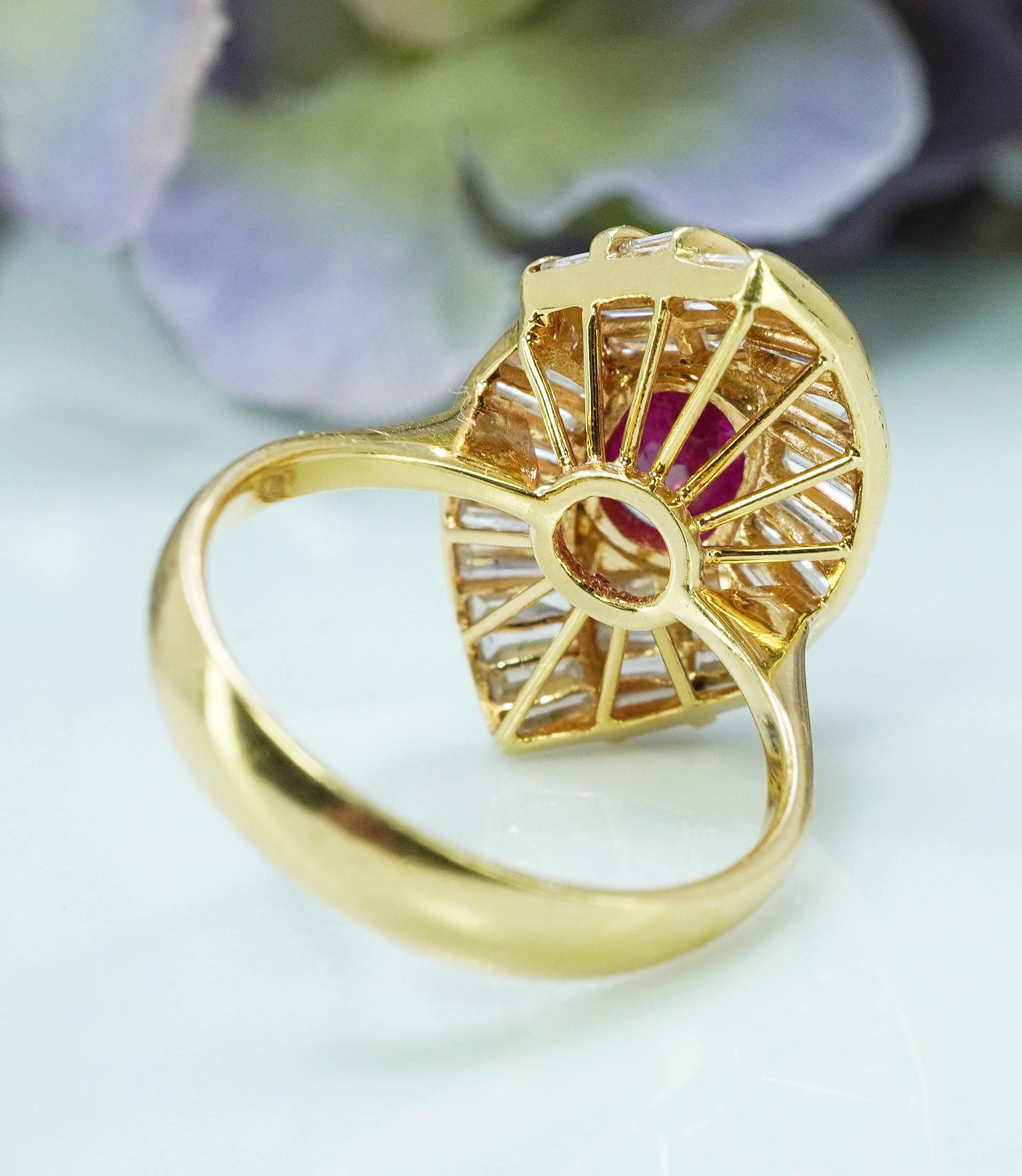 GIA 2.2c Cushion Ruby Baguette Diamond Ballerina Cocktail Ring 18K Gold Designer For Sale 2