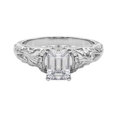 GIA 2.2ct Emerald Chevron Halo Floral Filigree 18K White Gold Diamond Ring
