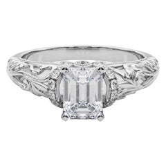 GIA 2.2ct Emerald Chevron Halo Floral Filigree 18K White Gold Diamond Ring