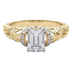 GIA 2.2ct Emerald Chevron Halo Floral Filigree 18K Yellow Gold Diamond Ring