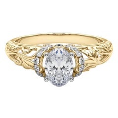GIA 2.2ct Oval Chevron Halo Floral Filigree 18K Yellow Gold Diamond Ring