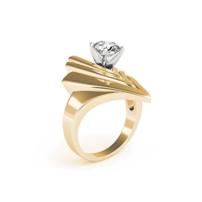 GIA 2.2ct Round Solitaire Futuristic Chevron 18K Yellow Gold Diamond Ring Pour femmes en vente