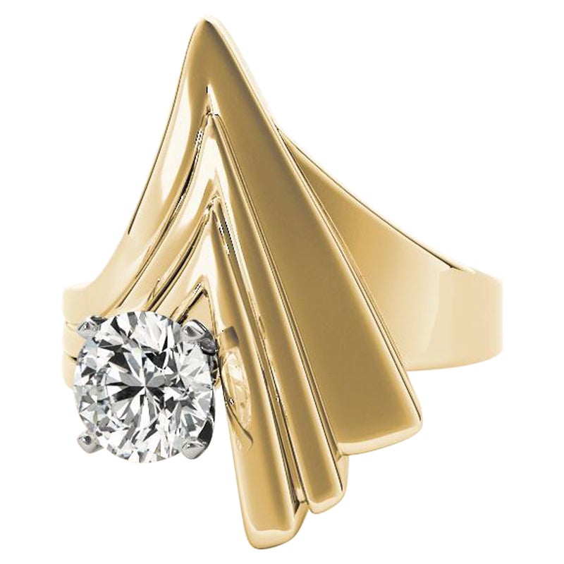 GIA 2.2ct Round Solitaire Futuristic Chevron 18K Yellow Gold Diamond Ring