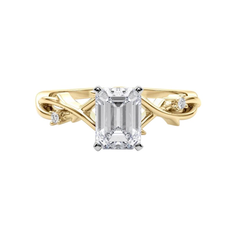 GIA Anillo de diamantes de oro amarillo de 18 quilates con esmeralda de 2,3 quilates inspirado en la naturaleza