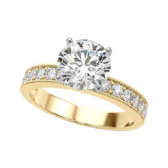 GIA 2.3 Carat Round Vintage Milgrain Channel 18K Yellow Gold Diamond Ring