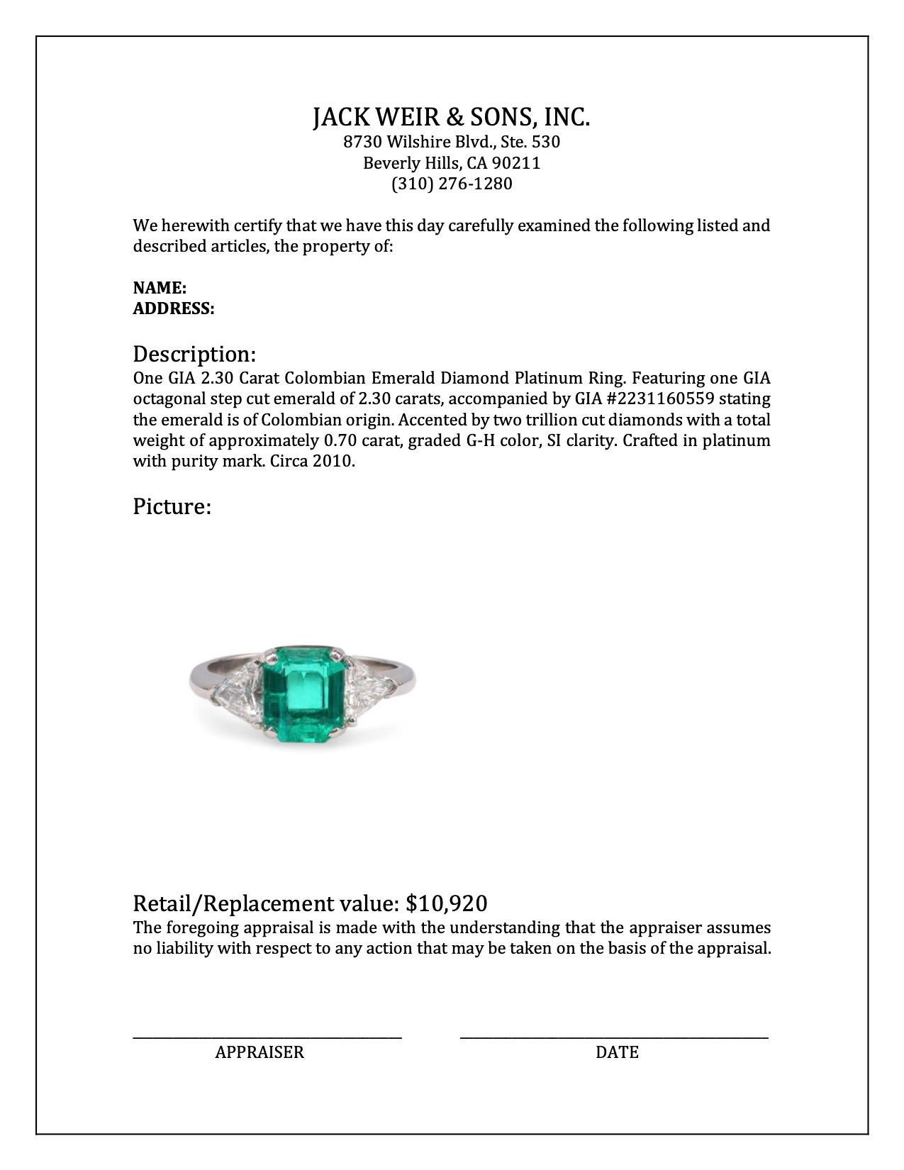 GIA 2.30 Carat Colombian Emerald Diamond Platinum Ring For Sale 1