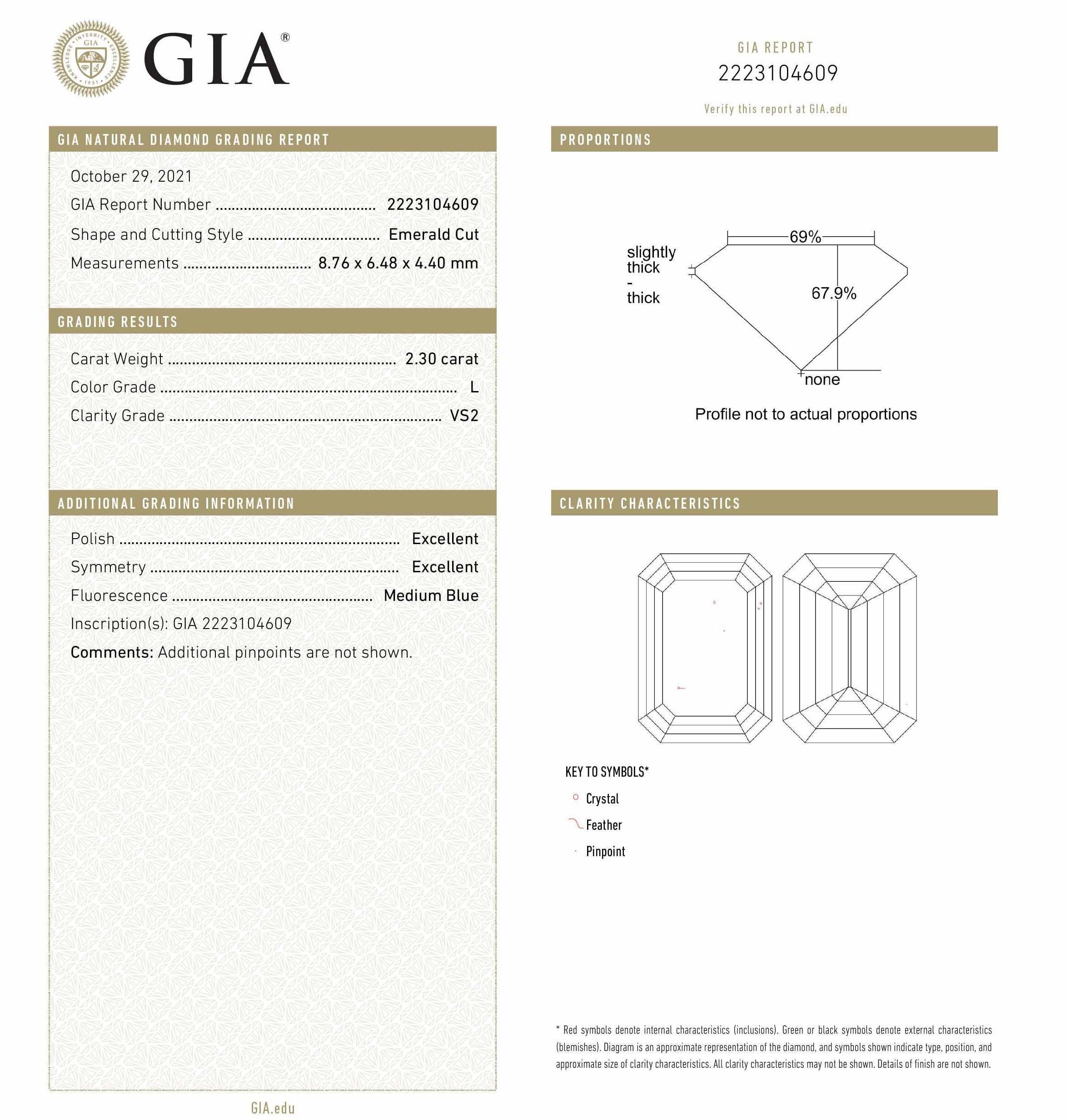 GIA Anillo de compromiso solitario con bisel de diamantes talla esmeralda de 2,30 quilates en Nuevo estado para la venta en Santa Barbara, CA