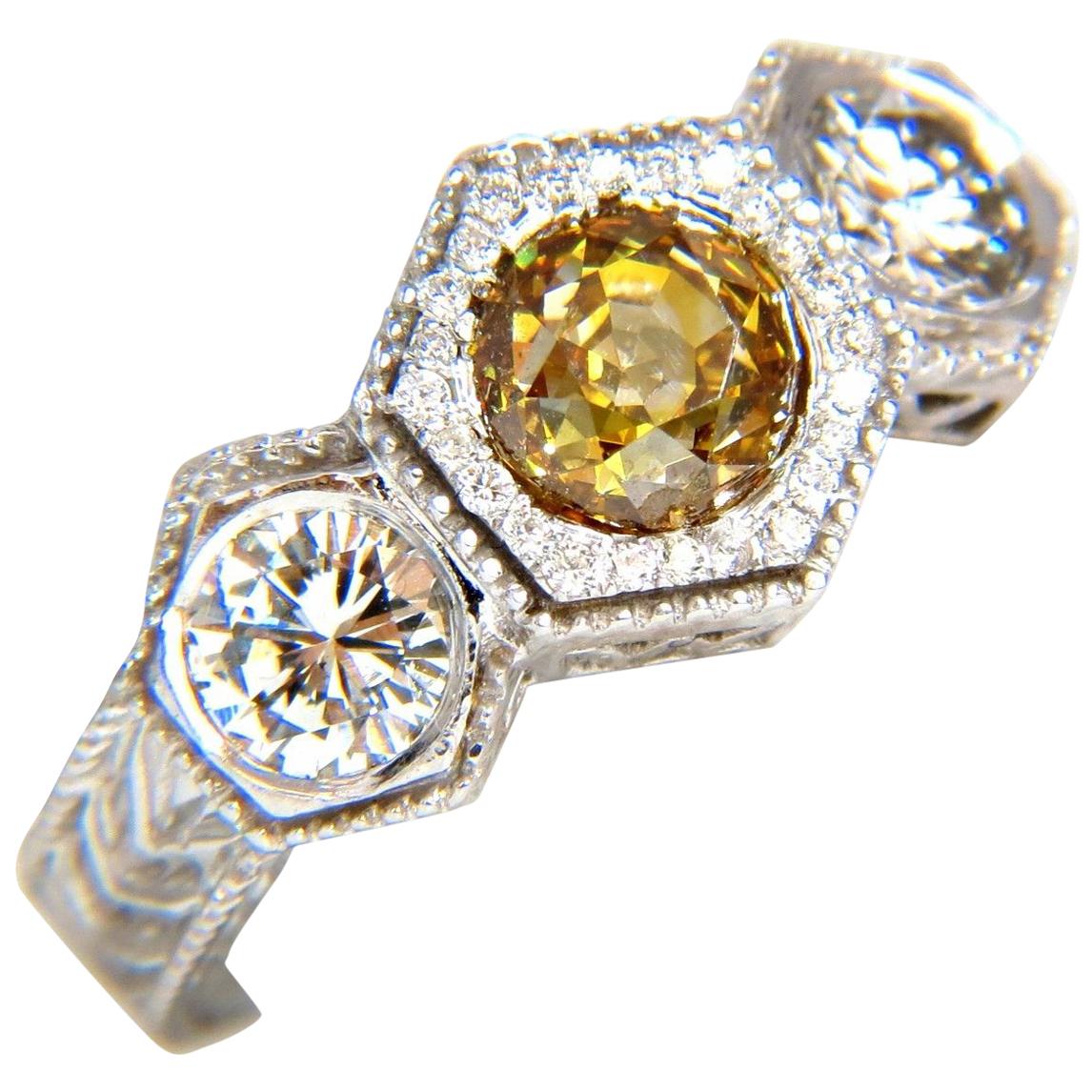 Bague couronne de style édouardien en or 18 carats avec diamants bruns jaunes fantaisie de 2,30 carats certifiés GIA