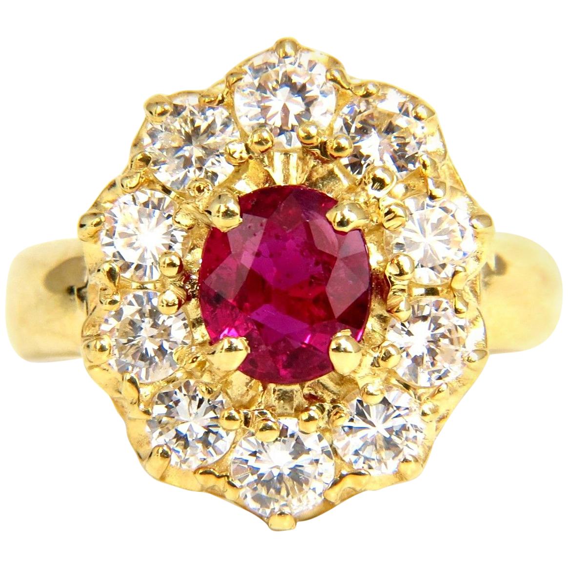 GIA 2.30 Carat Natural Red No Heat Ruby Diamonds Ring 18 Karat Unheated Cluster For Sale