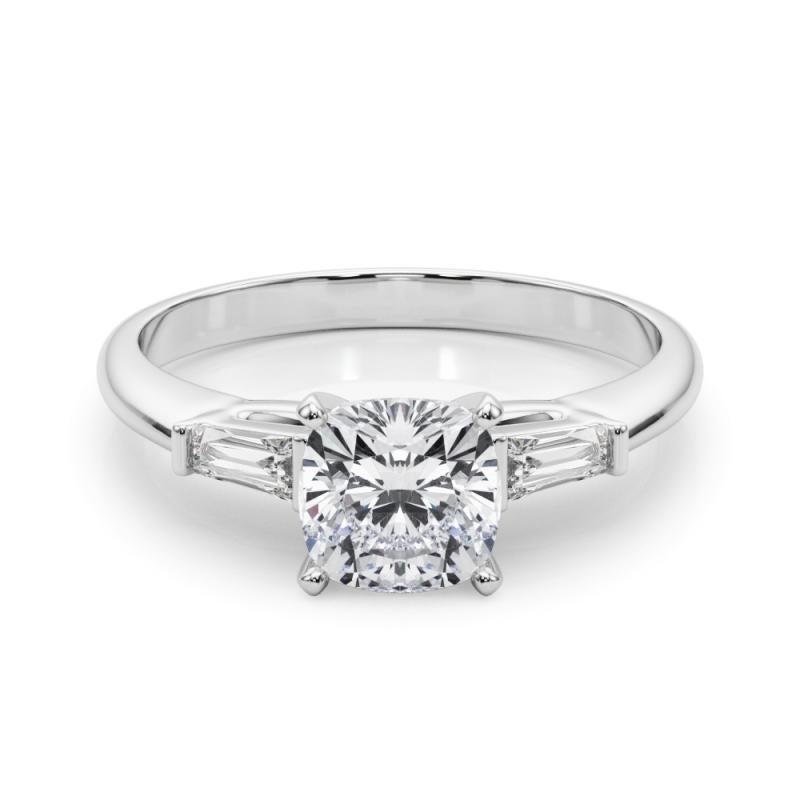GIA 2.30ct Cushion Three-Stone Tapered Baguette  Diamond Ring