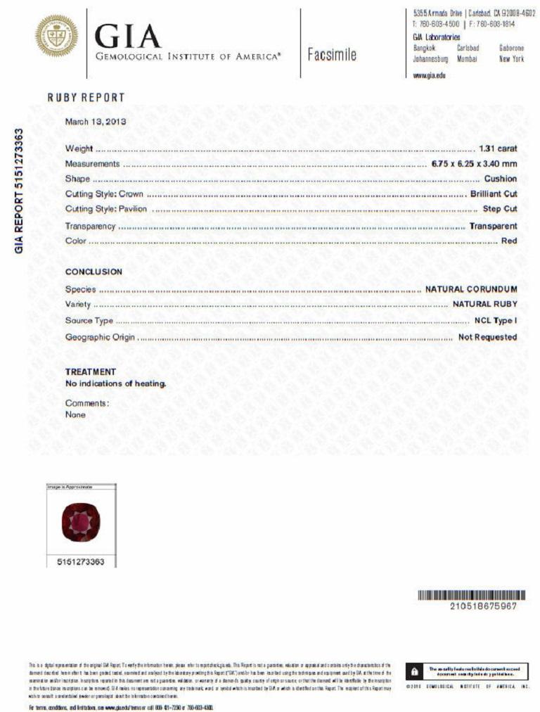 Byzantine Revival 

Red Prime No Heat Ruby 

1.31ct. Natural GIA Certified Ruby Ring

GIA Certified Report ID: 5151273363

6.75 X 6.25 X 3.40mm

Full cut cushion brilliant 

Clean Clarity & Transparent

The Vivid Red



1.00ct. Diamonds.

Round, &
