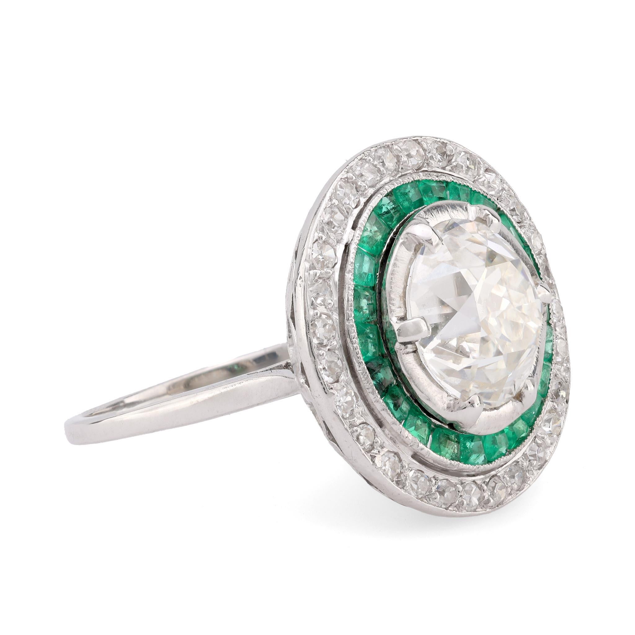 Art Deco GIA 2.31 Carat Old European Cut Diamond Emerald Platinum Target Ring