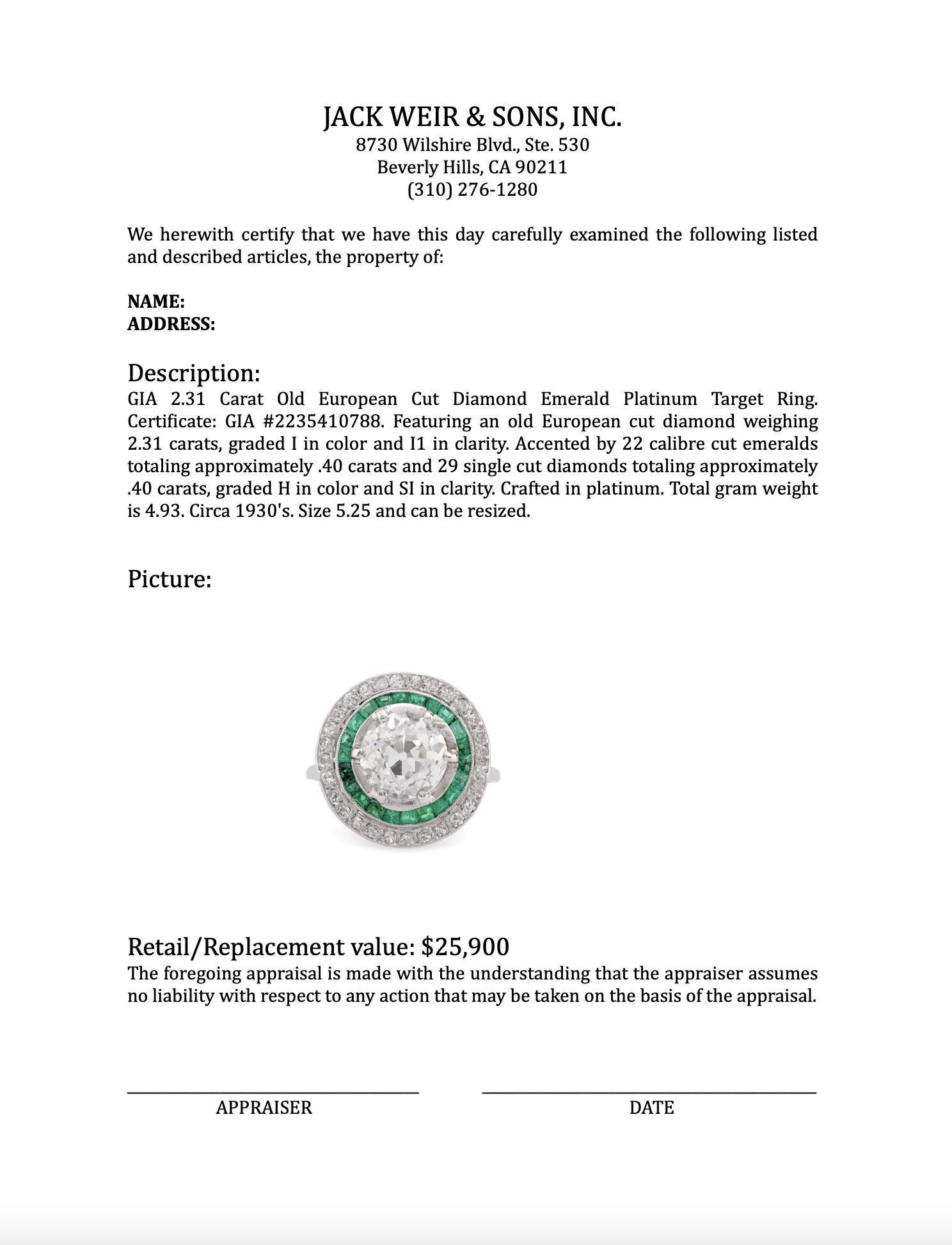 GIA 2.31 Carat Old European Cut Diamond Emerald Platinum Target Ring 1