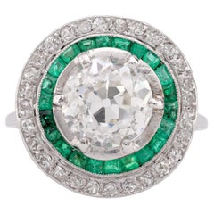 GIA 2.31 Carat Old European Cut Diamond Emerald Platinum Target Ring