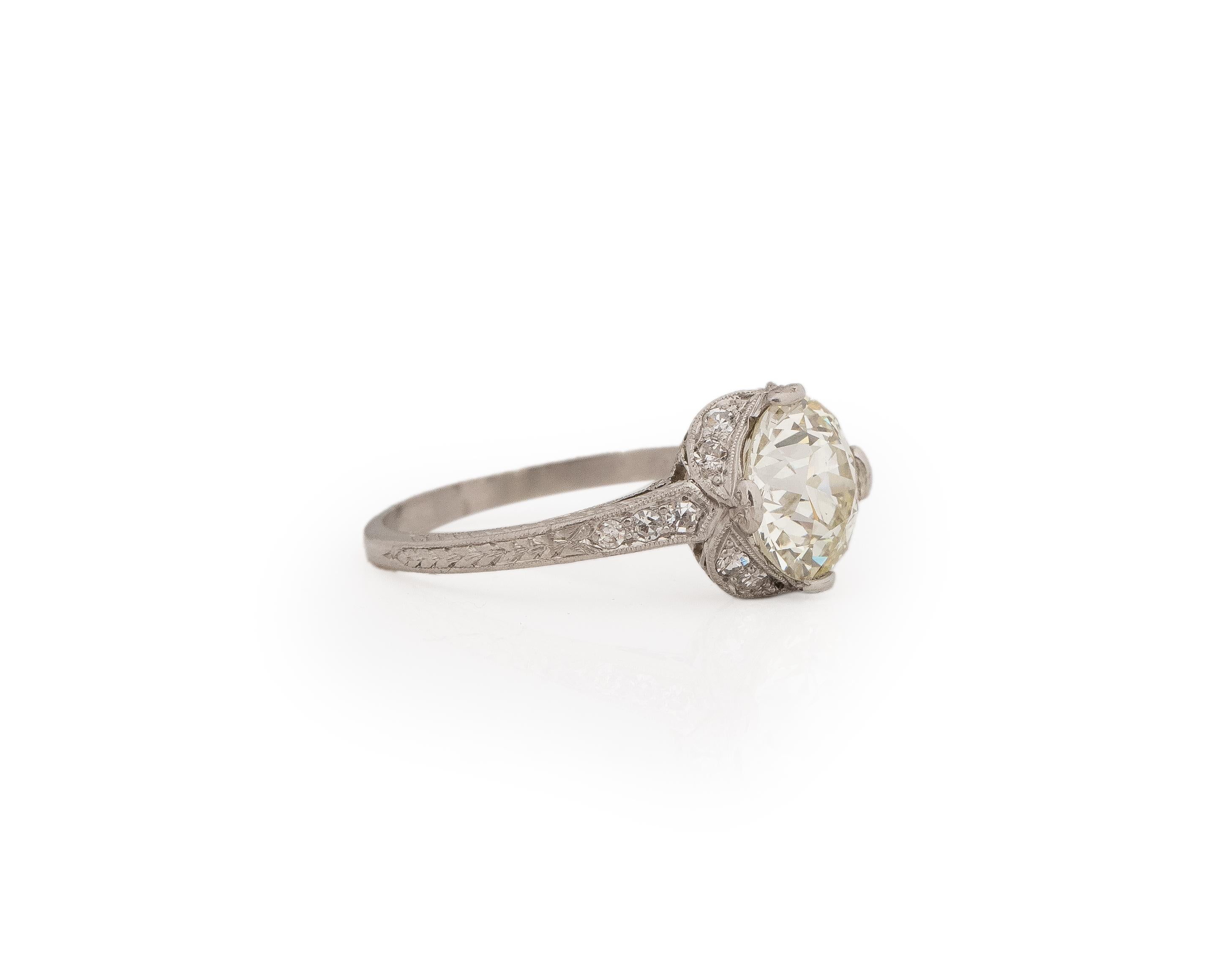 Year: 1920s

Item Details:
Ring Size: 7
Metal Type: Platinum [Hallmarked, and Tested]
Weight: 4.2 grams

Diamond Details:

GIA Report#:7235081142
Weight: 2.31ct total weight
Cut: Old European brilliant
Color: N
Clarity: VS2
Type: Natural

Side