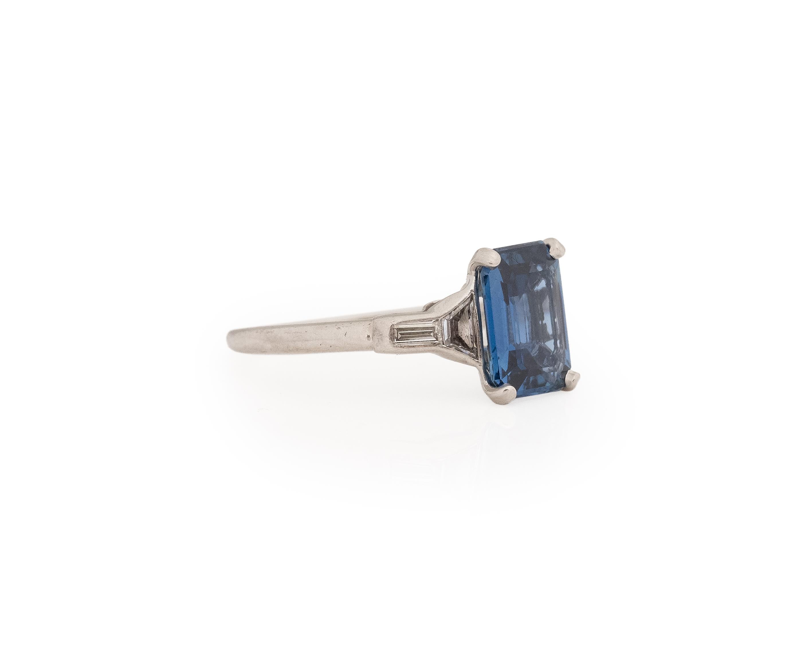 Year: 1920s

Item Details:
Ring Size: 6.75
Metal Type: Platinum [Hallmarked, and Tested]
Weight: 3.5 grams

Sapphire Details:

GIA Report#:5171464439
Weight: 2.32ct total weight
Cut: Octagonal Step Cut
Color: Blue (Unheated, untreated)
Type: