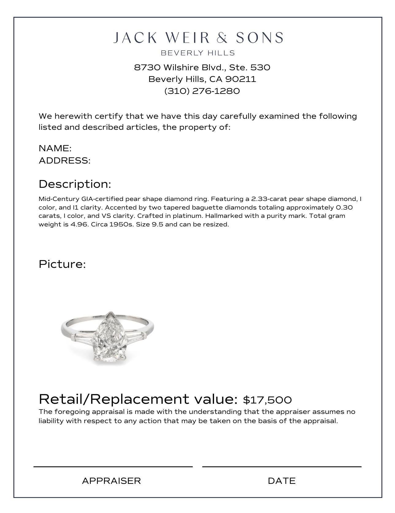 Women's or Men's GIA 2.33 carat pear shape diamond platinum engagement ring