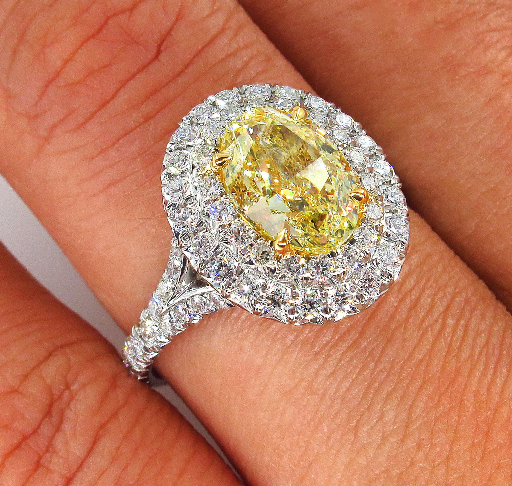 GIA 2.33ct Canary Natural Fancy Yellow Oval Diamond Wedding Platinum Halo Ring 5