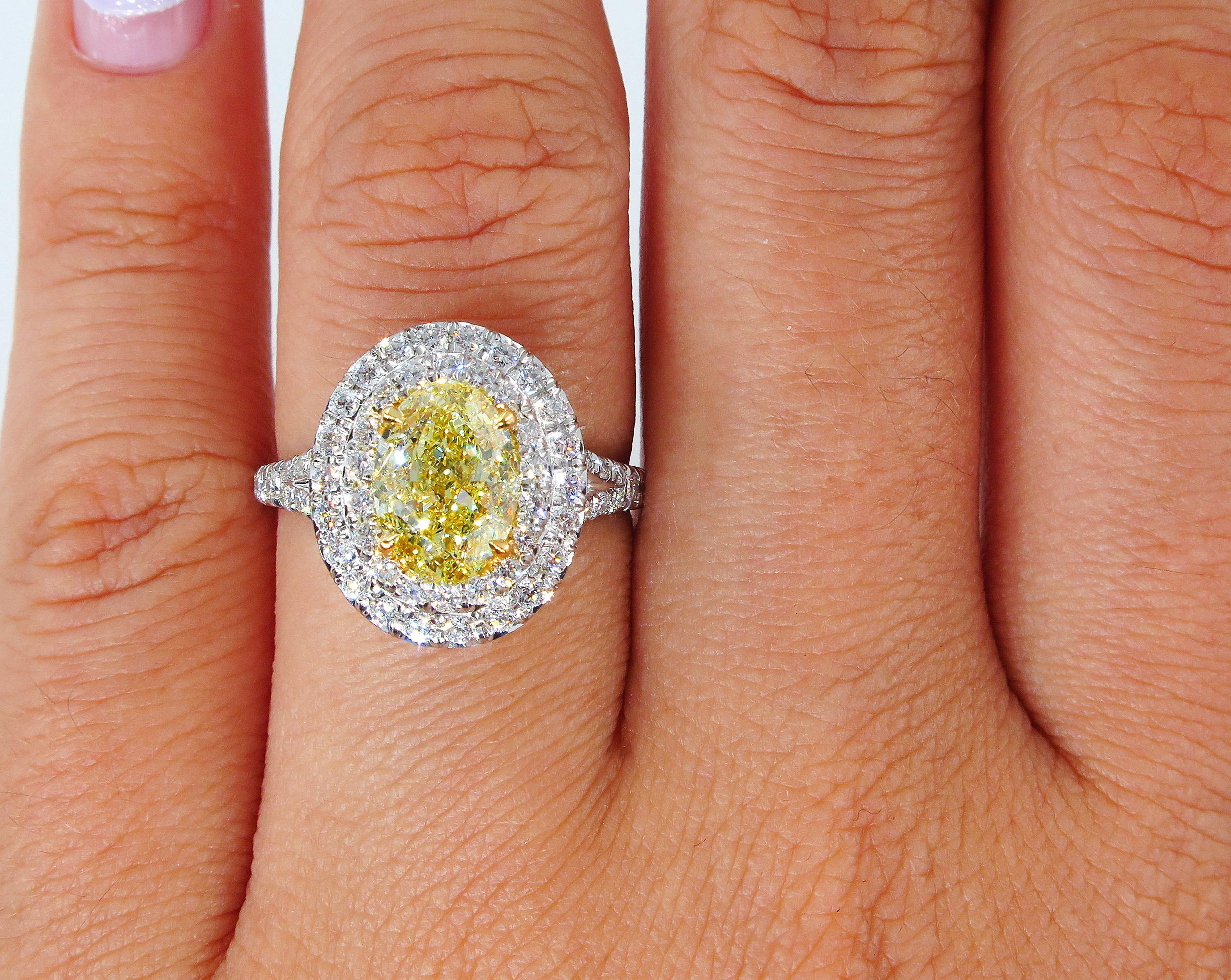 GIA 2.33ct Canary Natural Fancy Yellow Oval Diamond Wedding Platinum Halo Ring 4