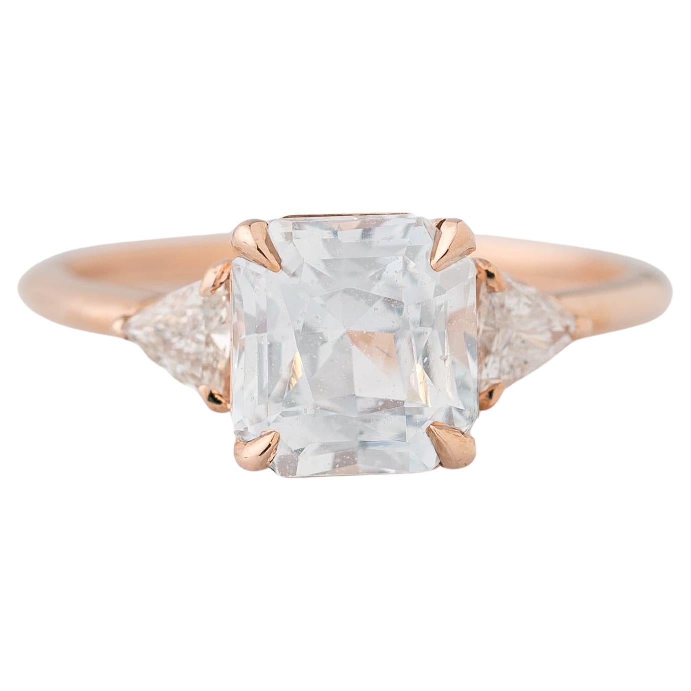 GIA 2.34 Carat Natural White Sapphire Three Stone Diamond Engagement Ring