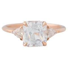 GIA 2.34 Carat Natural White Sapphire Three Stone Diamond Engagement Ring
