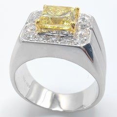 GIA 2.34ct Fancy Yellow Radiant Diamond Halo Men's Ring in 18K White Gold