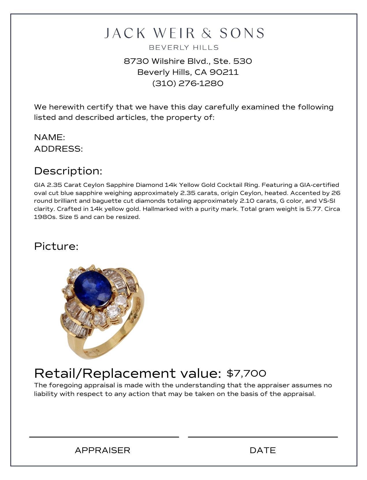  Bague cocktail en or jaune 14 carats avec saphir de Ceylan de 2,35 carats et diamants certifiés GIA Pour femmes 