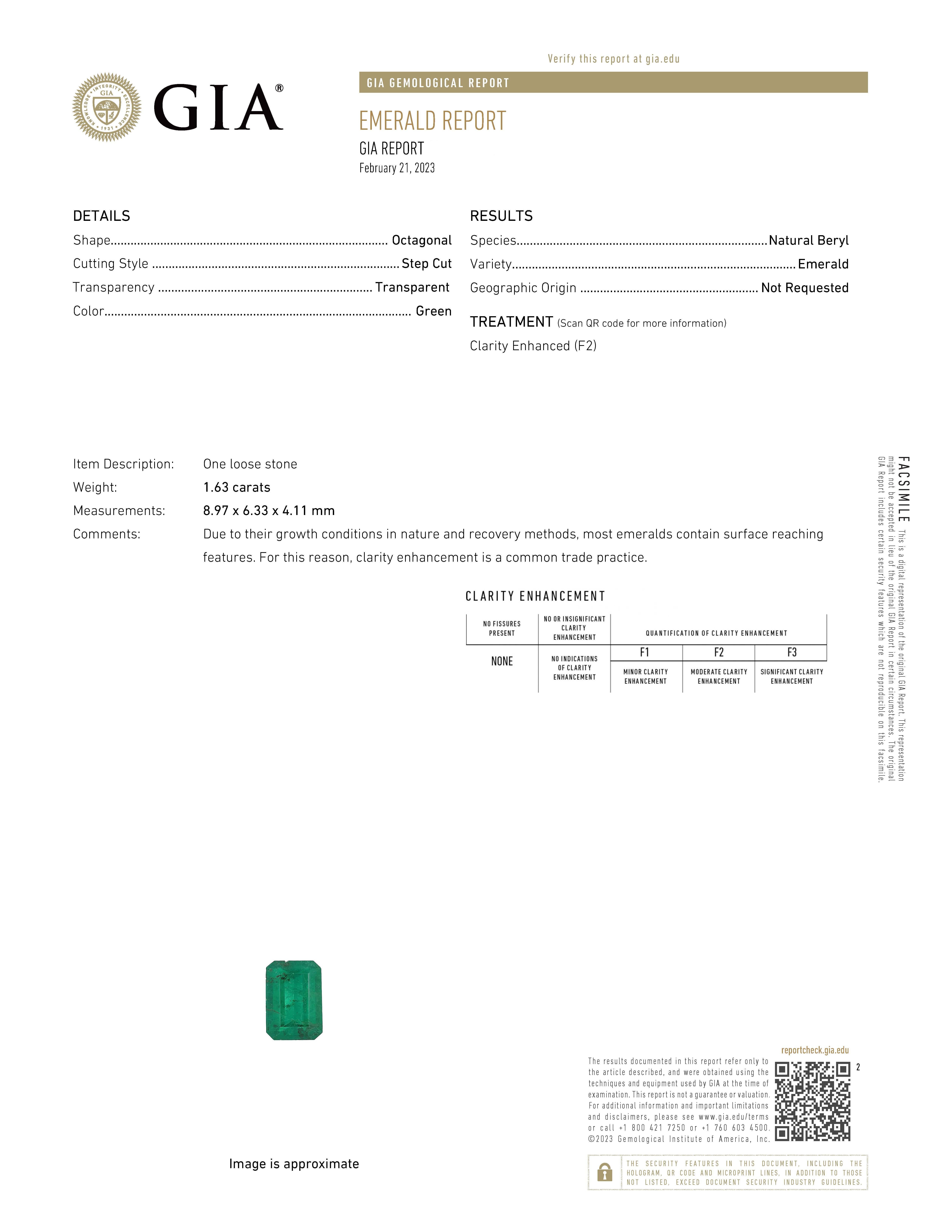 Classic emerald and diamond halo ring, GIA certified. 
2.35 carats total gemstone weight.
1.63 carat emerald cut emerald, F2, GIA certified. Complimented by 30 round brilliant diamonds, 0.72 carats, F/G color and VS clarity. 18k white and yellow