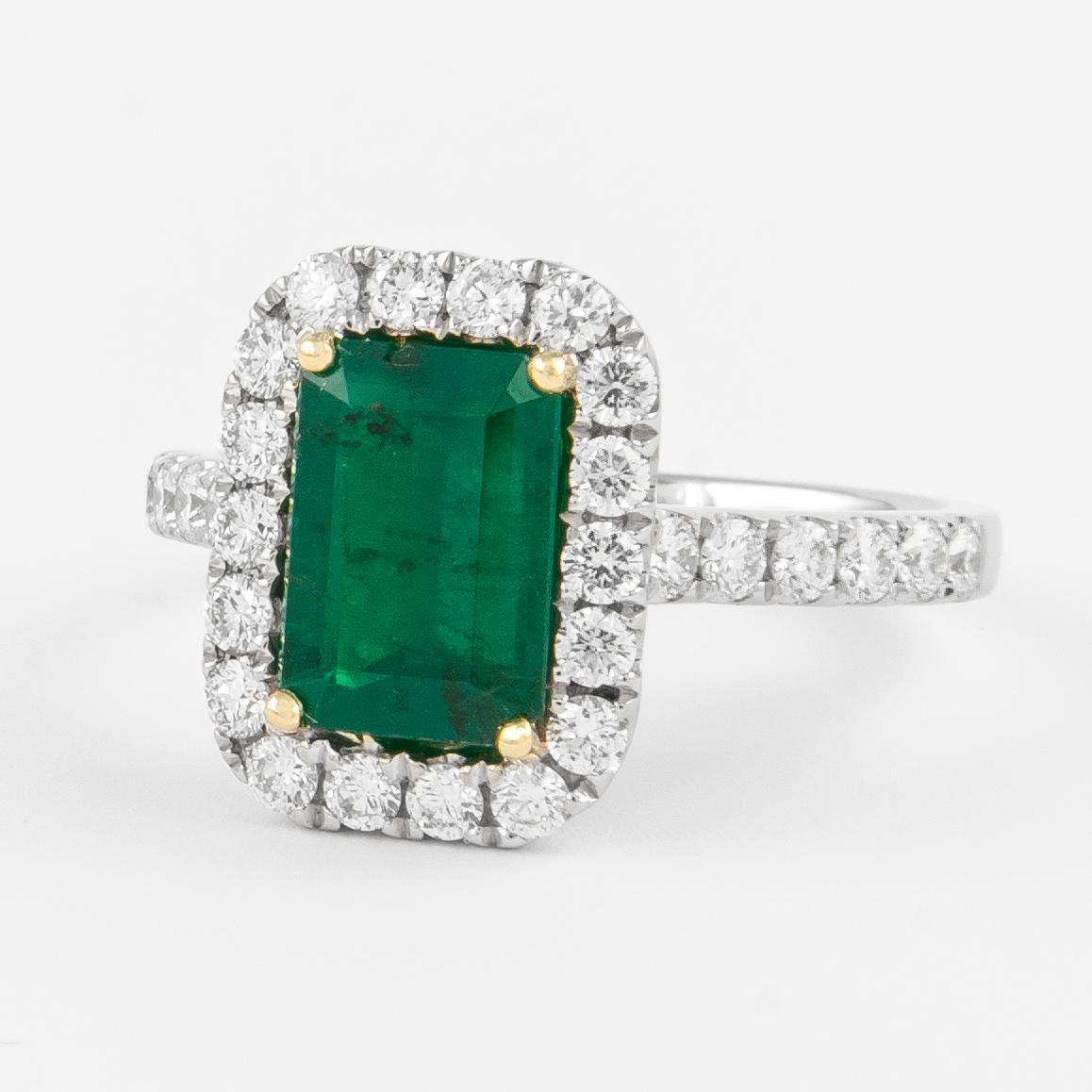 Contemporary GIA 2.35ctt Emerald and Diamond Halo Ring 18k Gold For Sale