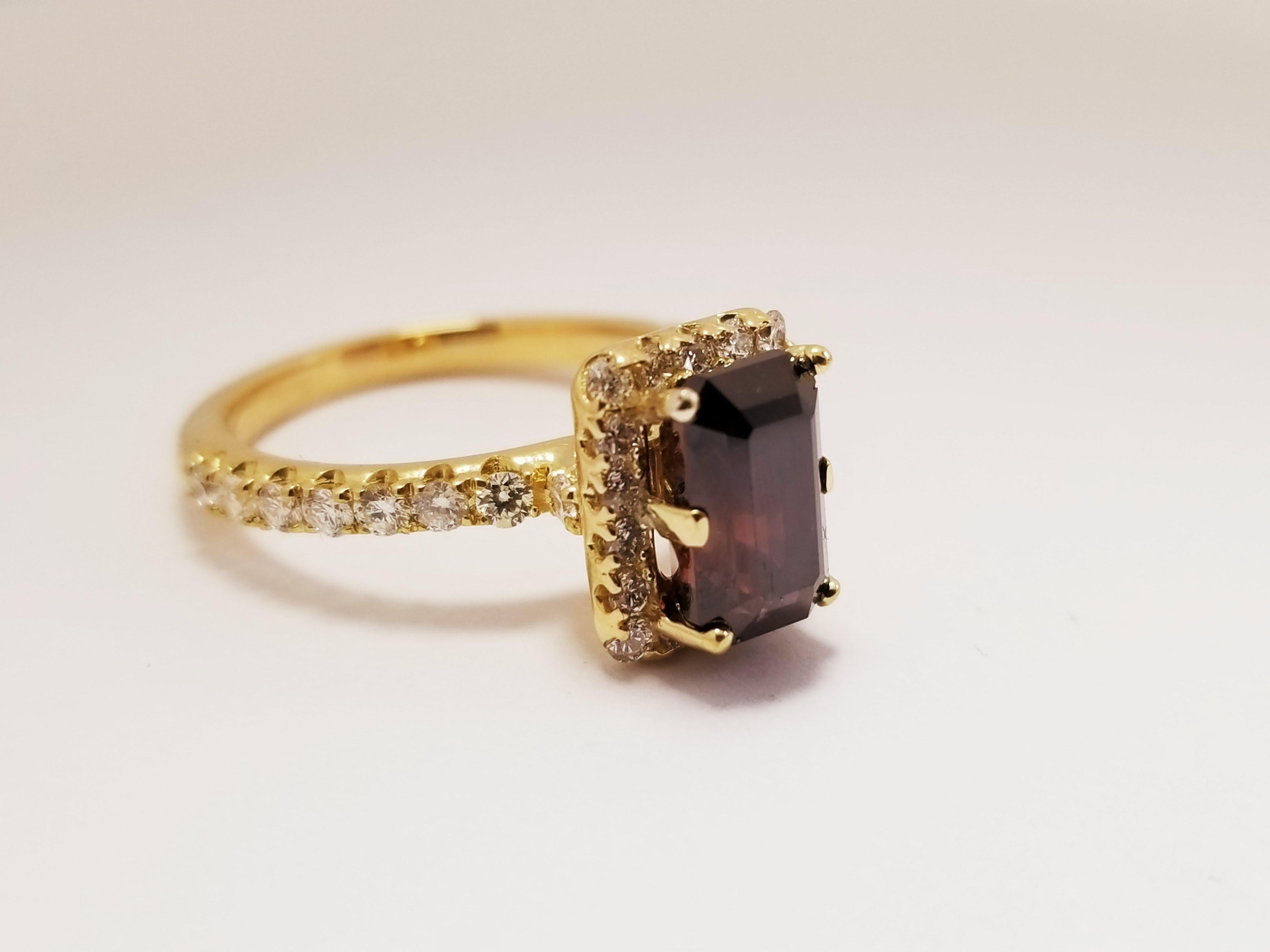 GIA 2.36 Carat Fancy Reddish Brown Emerald Cut Diamond Ring 18 Karat Yellow Gold 1