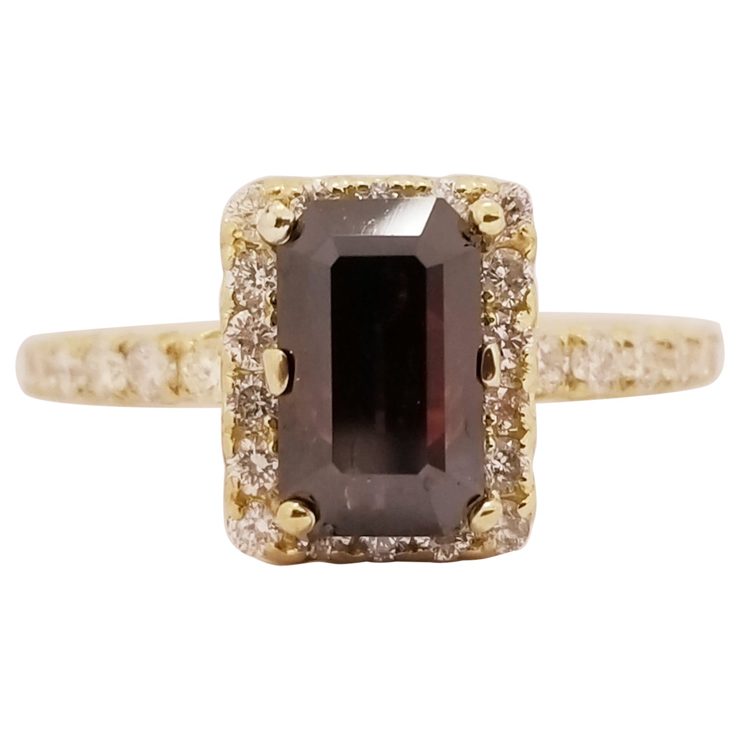 GIA 2.36 Carat Fancy Reddish Brown Emerald Cut Diamond Ring 18 Karat Yellow Gold