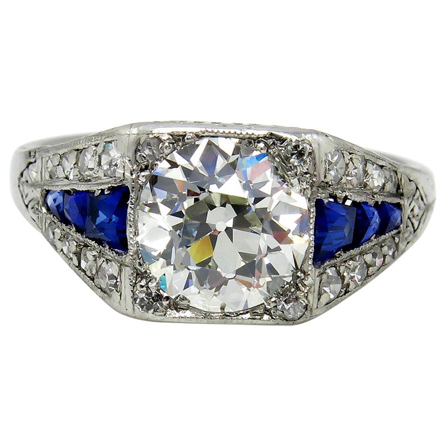 Art Deco GIA 2.37ct Old Euro Diamond & French Sapphire Platinum Engagement Ring